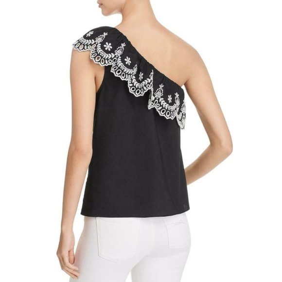 New KATE SPADE One Off Shoulder Eyelet Ruffle Blouse Top Cotton Black White Sz S - Picture 5 of 15